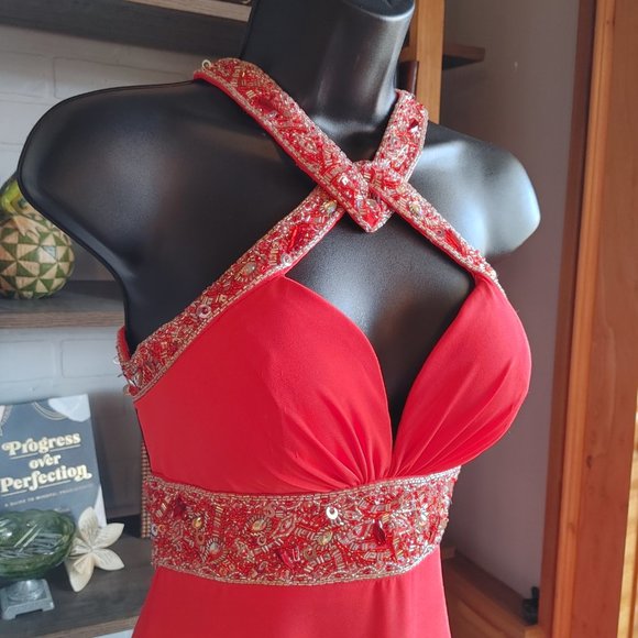 Riva Designs Dresses & Skirts - Red Prom/Formal Dress with Interlocking Neckline and Deep V